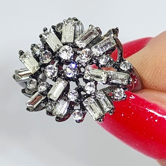 Baguette and Round White Rhinestone Dome Dressy Gunmetal Gray Cocktail Ring SZ 5 - Picture 3 of 13